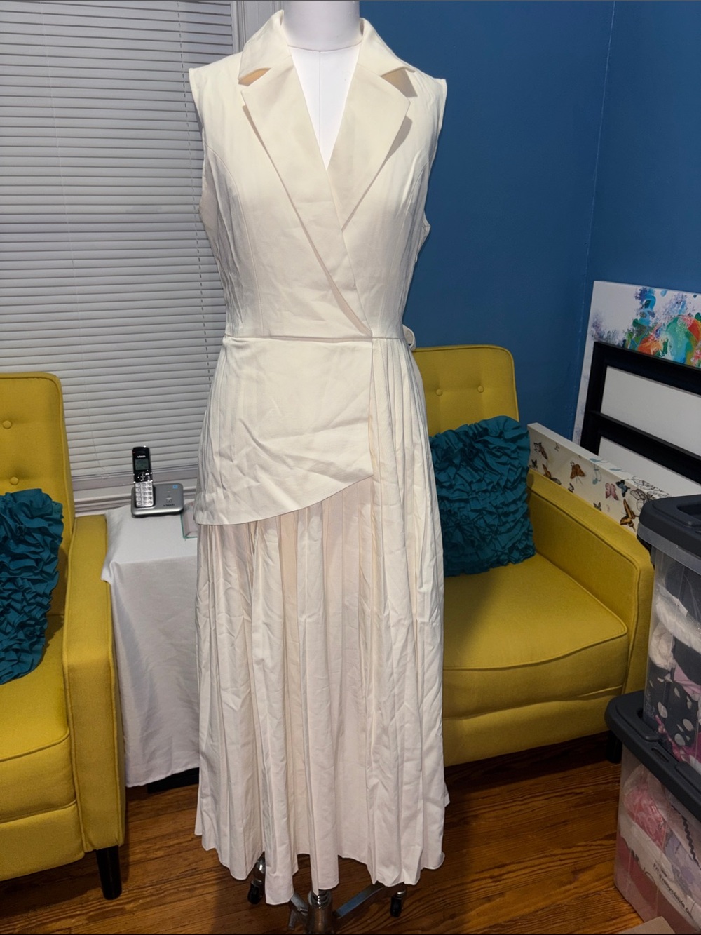 Sleeveless Belted Pleated Blazer Dress  Cream